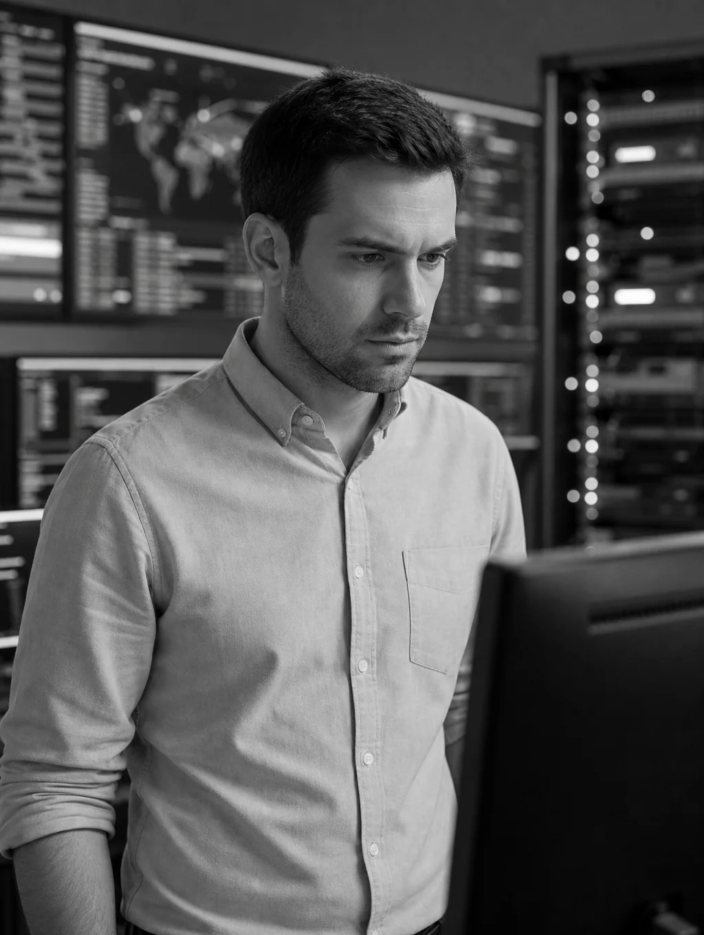 Marcus Kael, Systems Engineer, monitoring server data streams